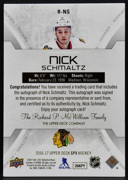 2016-17 SPx RC Auto Blue Nick Schmaltz R-NS Blackhawks RC Auto 111/165 6245
