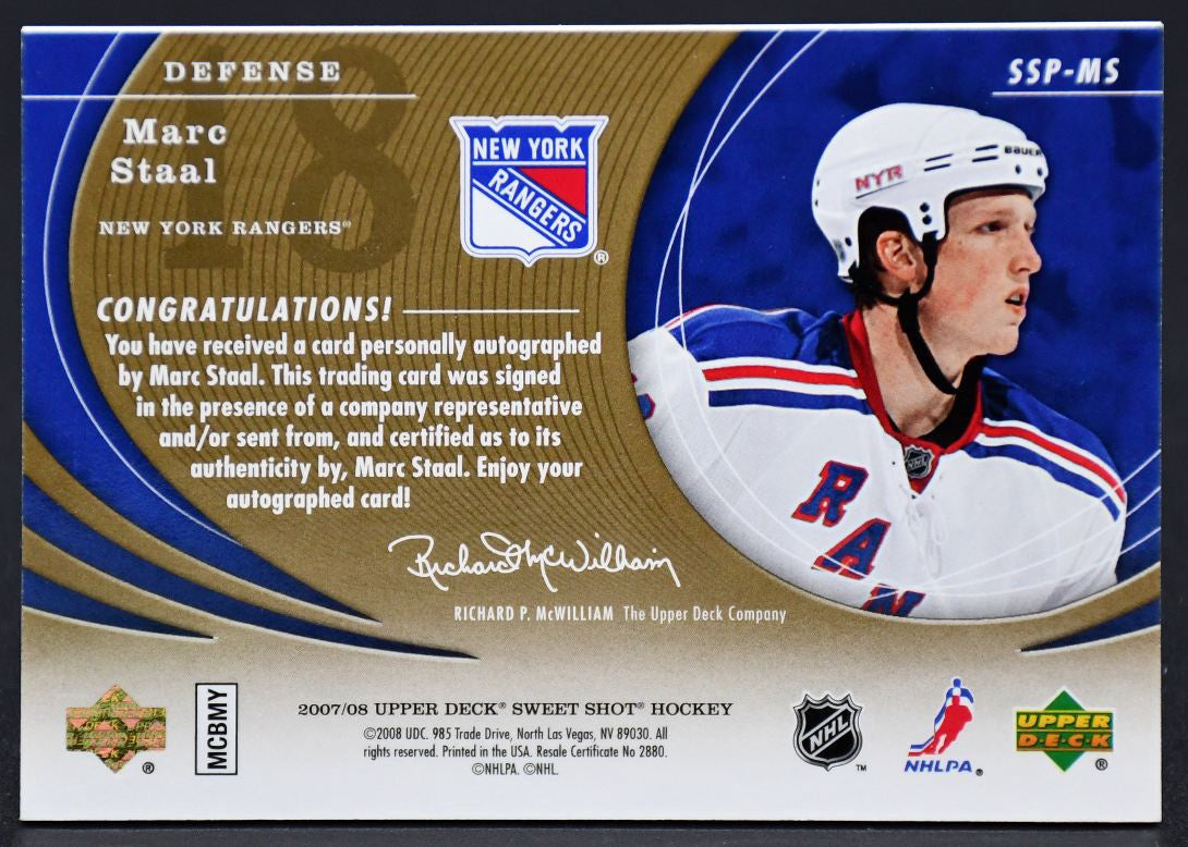 2007-08 UD Sweet Shot Signature Shots Puck Signings Marc Staal SSP-MS Auto