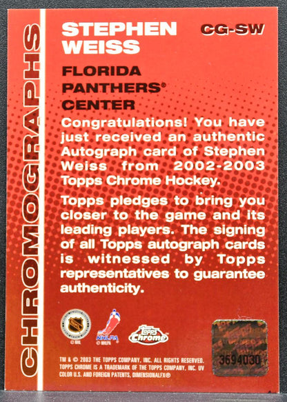 2002-03 Topps Chrome Chromographs Stephen Weiss CG-SW Florida Panthers Auto 0444