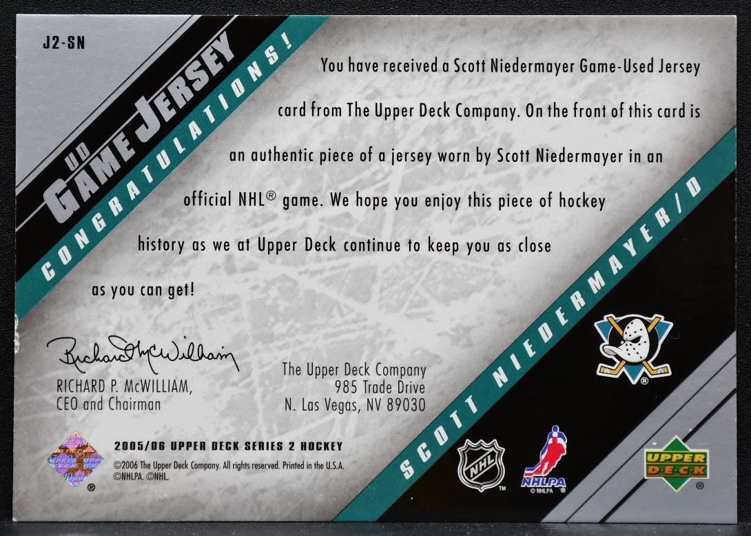 2005-06 UD Series 2 UD Game Jerseys Scott Niedermayer Mighty Ducks Jersey 6038