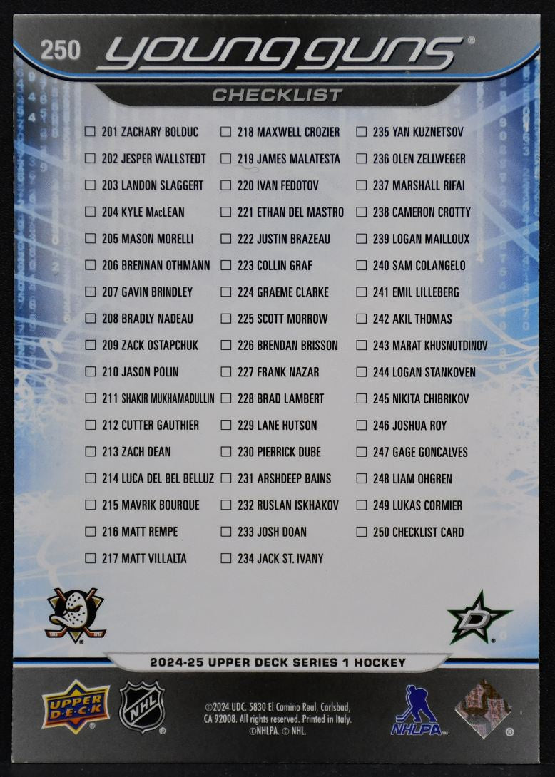 24-25 UD Series 1 Young Guns Checklist Gauthier / Stankoven 250 Ducks / Stars RC 1847