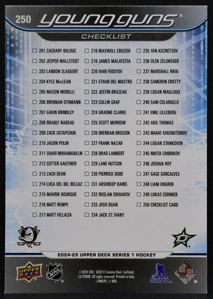 24-25 UD Series 1 Young Guns Checklist Gauthier / Stankoven 250 Ducks / Stars RC 1847