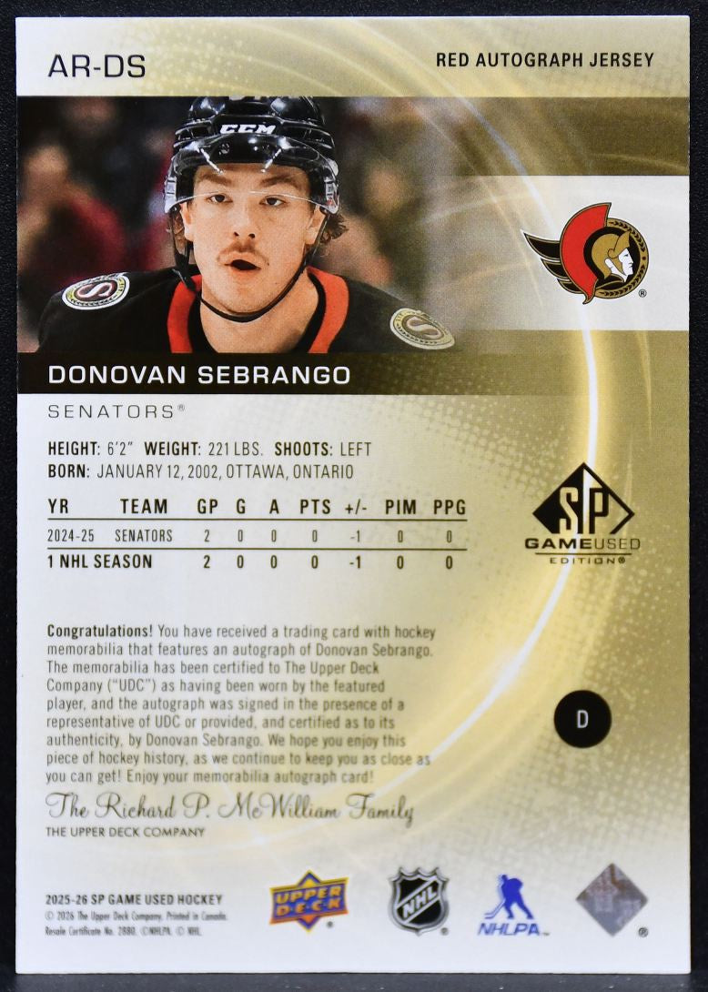 2025-26 SP Used Authentic Red  Sebrango Senators RC Auto 101/149 Jersey 4746