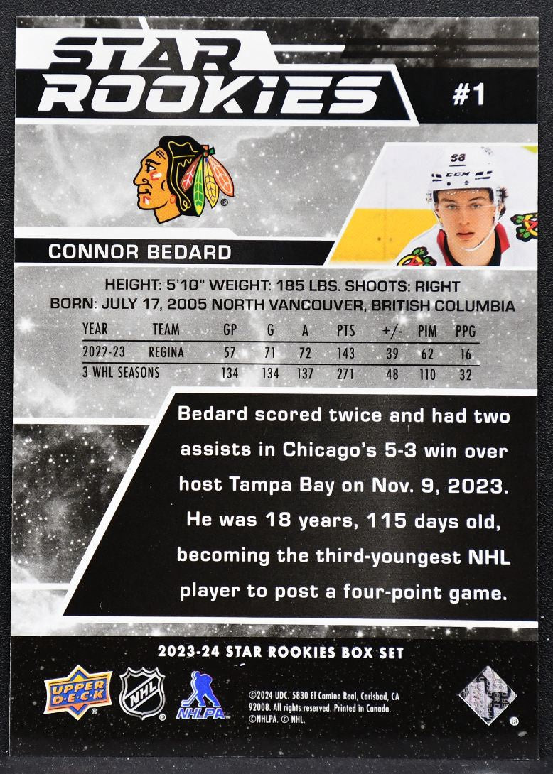 2023-24 Upper Deck Star Rookies Box Set Connor Bedard 1 Chicago Blackhawks RC 8280