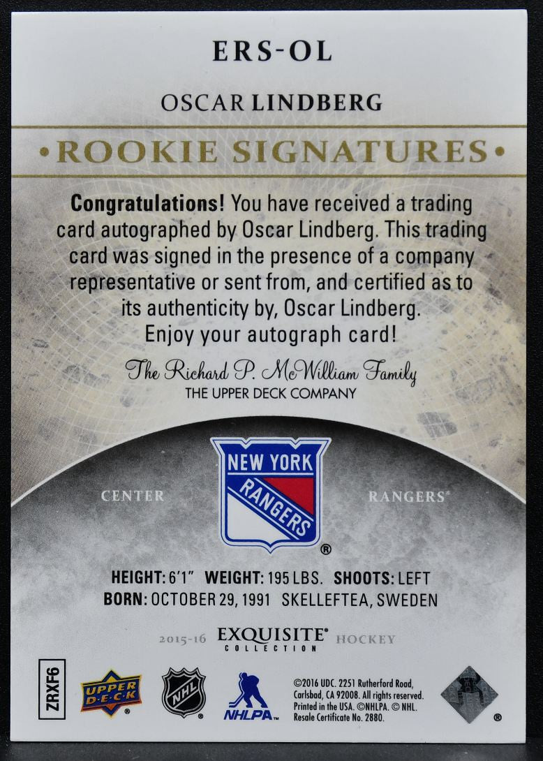 2015-16 Upper Deck Ice Exquisite Rookie Signatures Oscar Lindberg RC Auto 0213