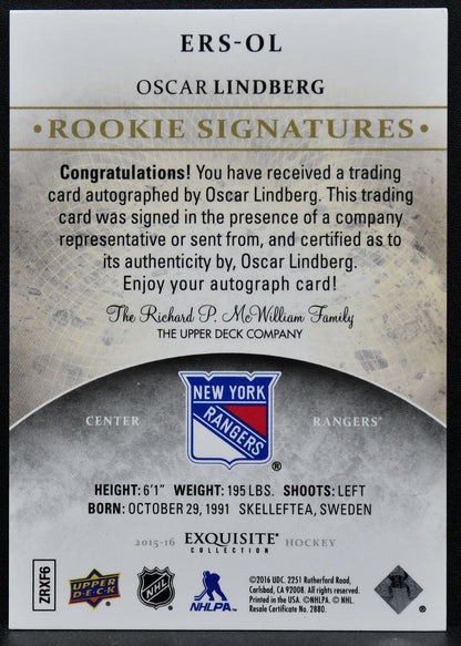 2015-16 Upper Deck Ice Exquisite Rookie Signatures Oscar Lindberg RC Auto 0213
