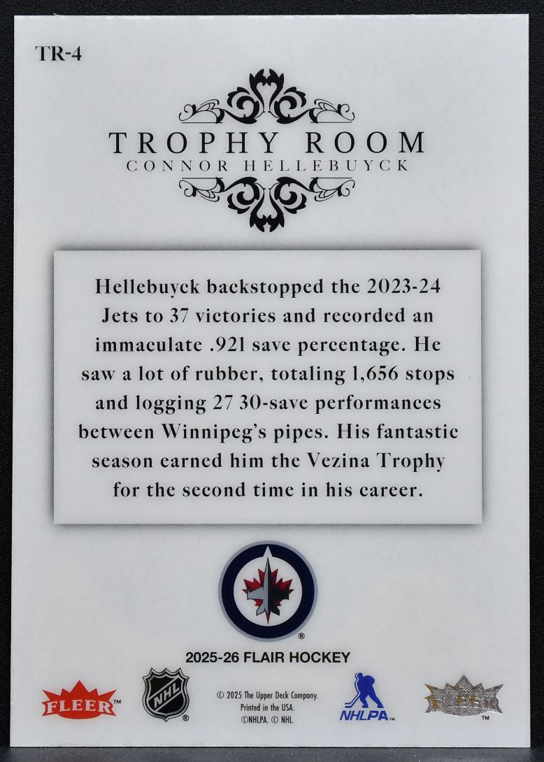 2025-26 Flair Trophy Room Connor Hellebuyck TR-4 Winnipeg Jets 9317