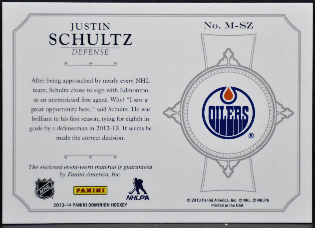 2013-14 Panini Dominion Mammoth Jersey Justin Schultz Oilers 13/25 Jersey 2751