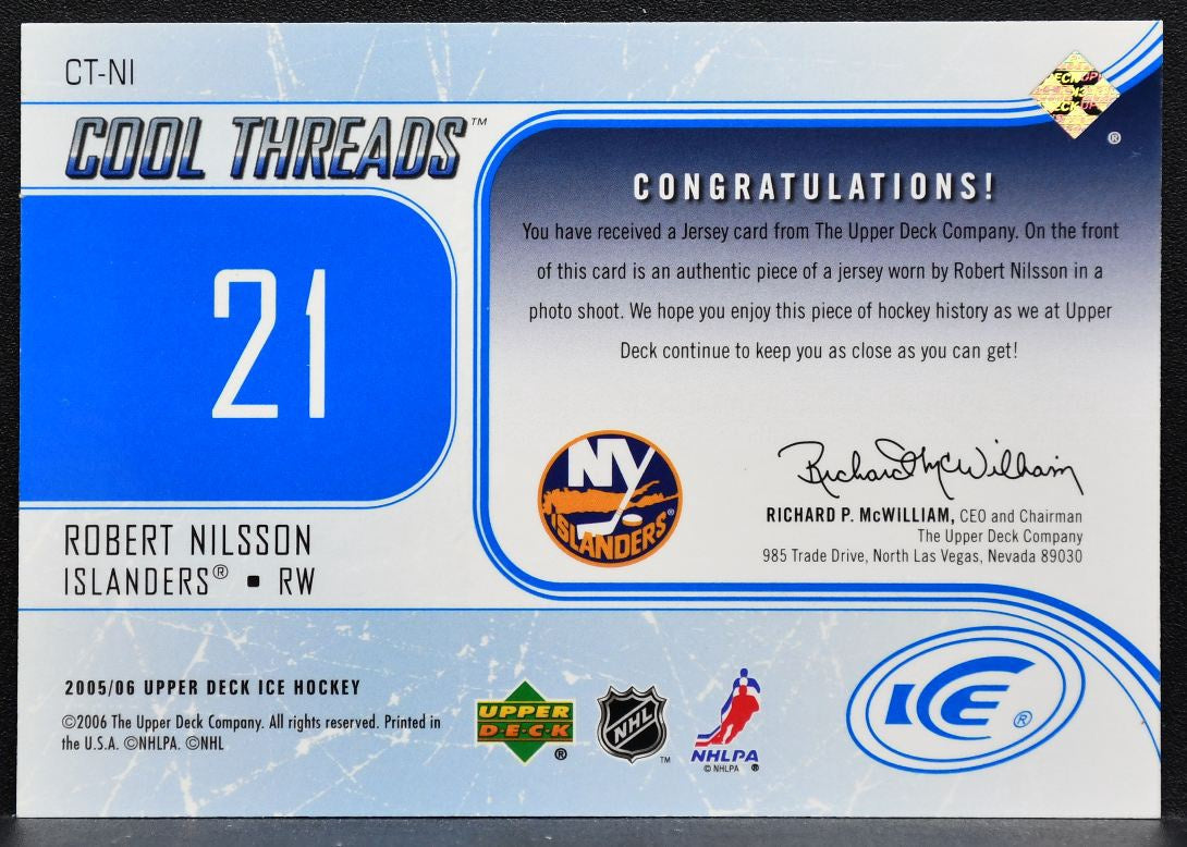 2005-06 Upper Deck Ice Cool Threads Robert Nilsson CT-NI Islanders Jersey 8863