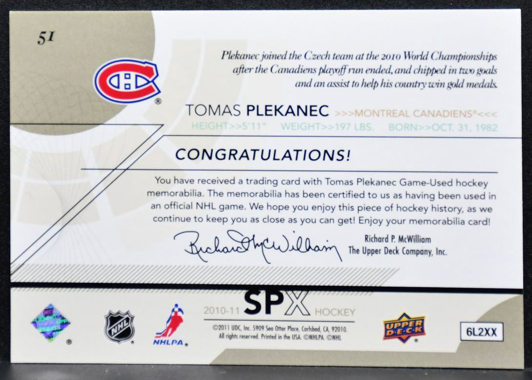 2010-11 SPx Spectrum Jersey Tomas Plekanec Montreal Canadiens 08/25 Jersey 8048