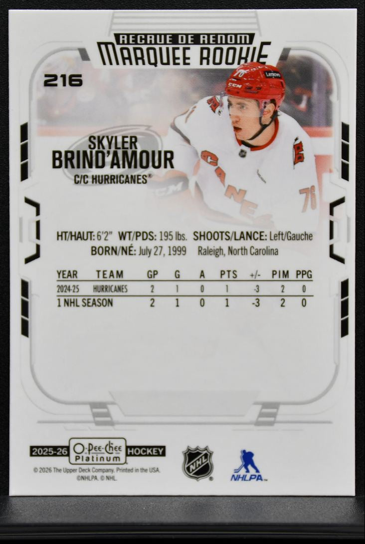 2025-26 O-Pee-Chee Platinum Marquee Rookie Skyler Brind'Amour Hurricanes RC 9492