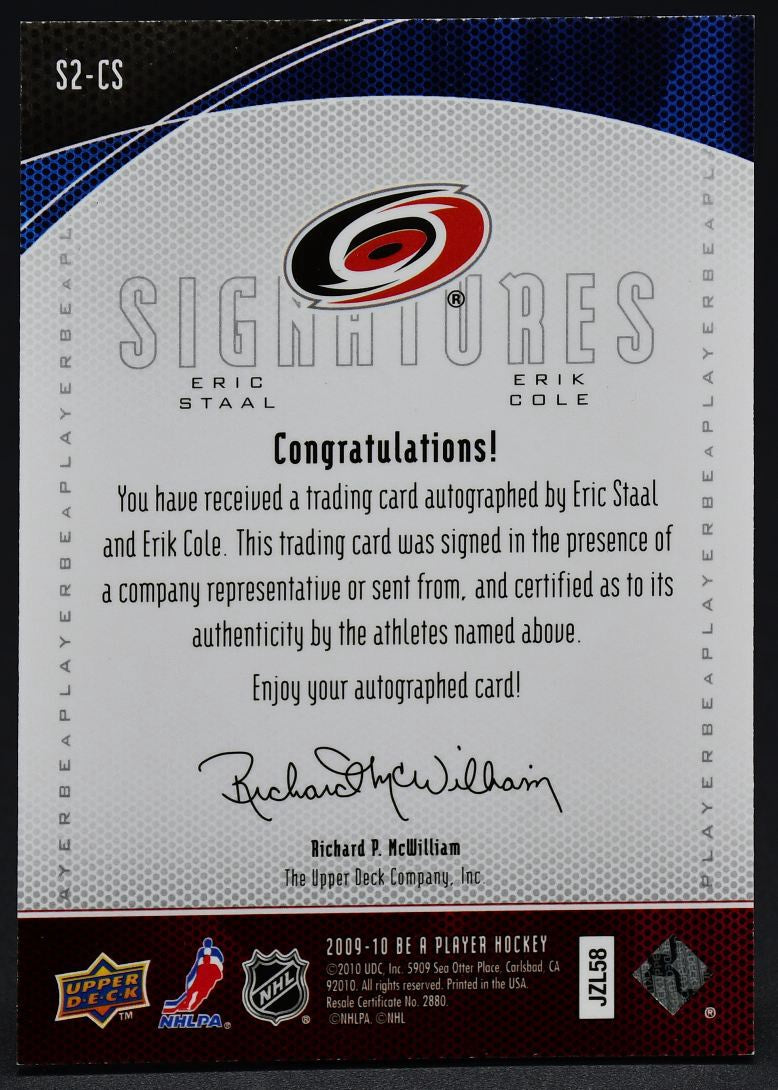 2009-10 UD Be A Player Dual Signatures Eric Staal/Erik Cole S2-CS Auto