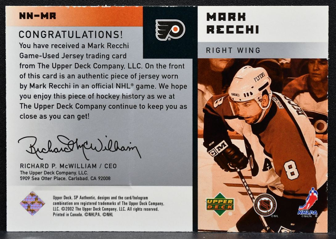 2001-02 SP Authentic Notable Numbers Mark Recchi Flyers 0288/1010 Jersey 6212