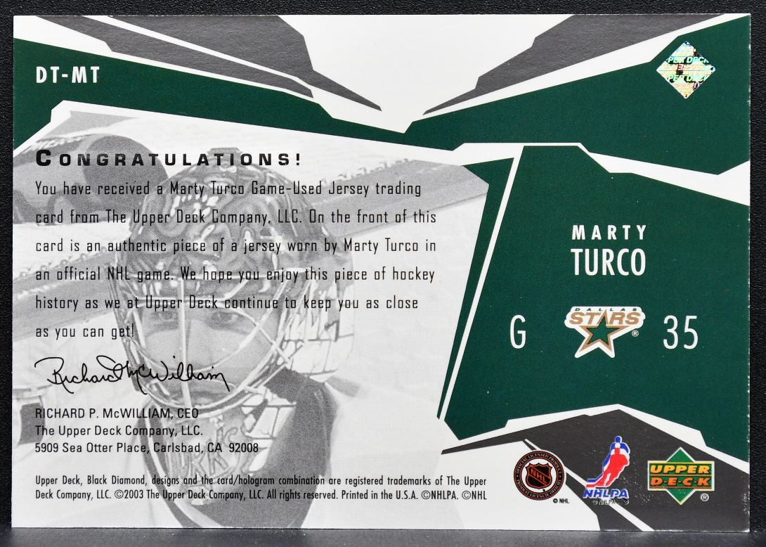 2003-04 UD Black Diamond Threads Marty Turco DT-MT Dallas Stars Jersey 3841