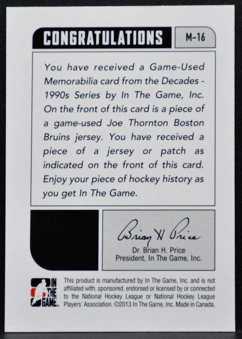 2013-14 In The Game Decades 1990s Used Jerseys Joe Thornton Bruins Jersey 7836
