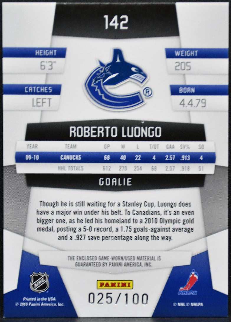 2010-11 Panini Certified Jersey Mirror Blue Luongo Canucks /100 Jersey 2522