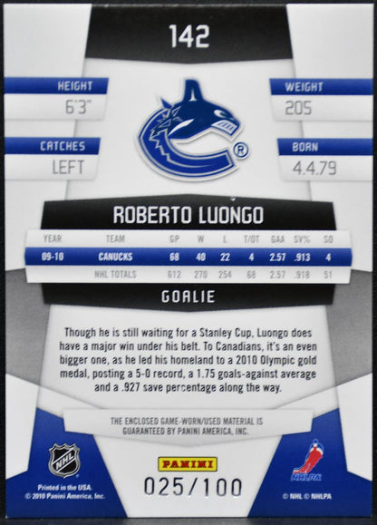 2010-11 Panini Certified Jersey Mirror Blue Luongo Canucks /100 Jersey 2522