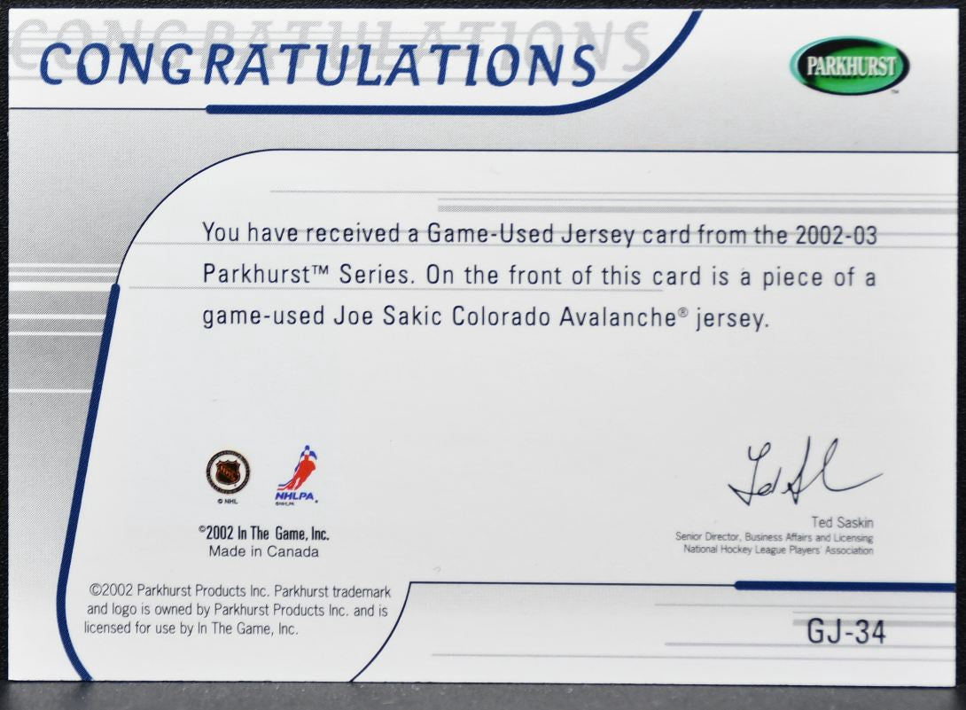 2002-03 Parkhurst Jerseys Joe Sakic GJ-34 Jersey 1847