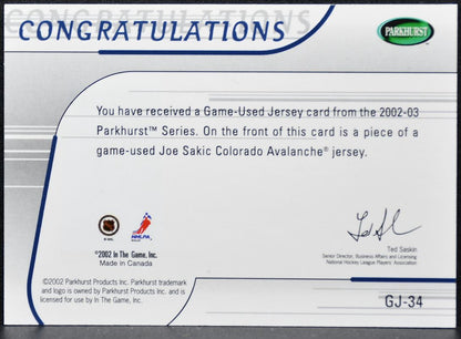 2002-03 Parkhurst Jerseys Joe Sakic GJ-34 Jersey 1847