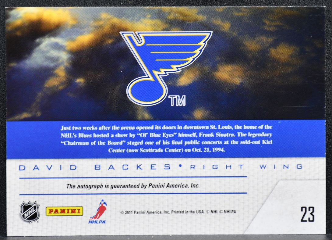 2011-12 Panini Pinnacle Game Night Materials David Backes 23 Blues Auto 7086