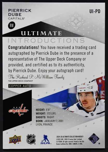 2024-25 UD Ultimate Collection Introductions Auto Dube Washington Capitals RC