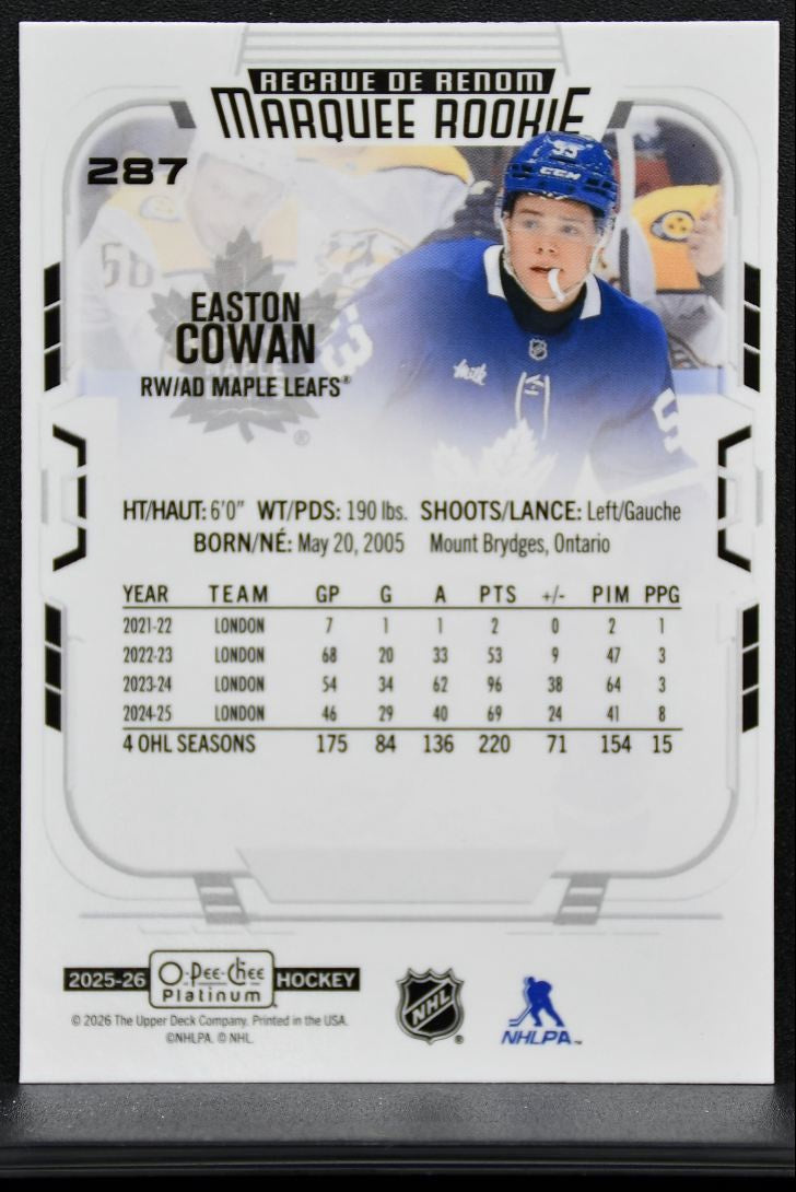 2025-26 O-Pee-Chee Platinum Marquee Rookie Easton Cowan 287 Maple Leafs RC 8877