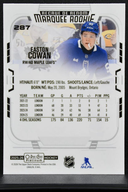2025-26 O-Pee-Chee Platinum Marquee Rookie Easton Cowan 287 Maple Leafs RC 8877