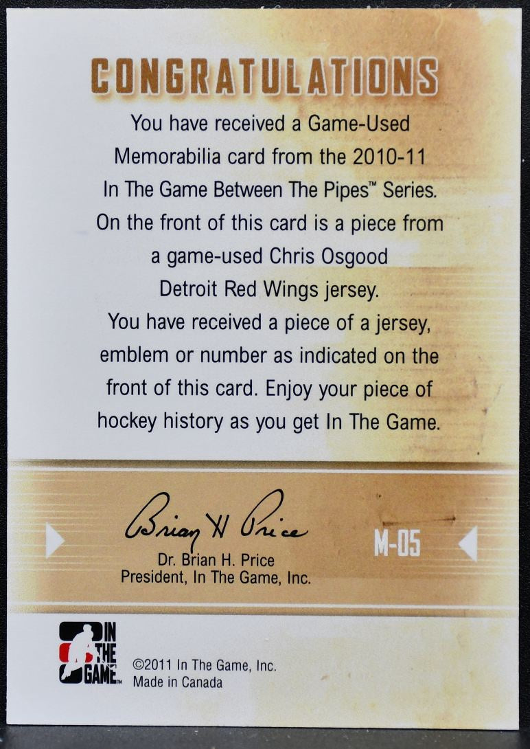 2010-11 ITG Between the Pipes Jersey Black Chris Osgood Red Wings Jersey 8778