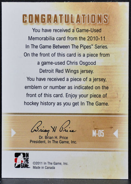 2010-11 ITG Between the Pipes Jersey Black Chris Osgood Red Wings Jersey 8778