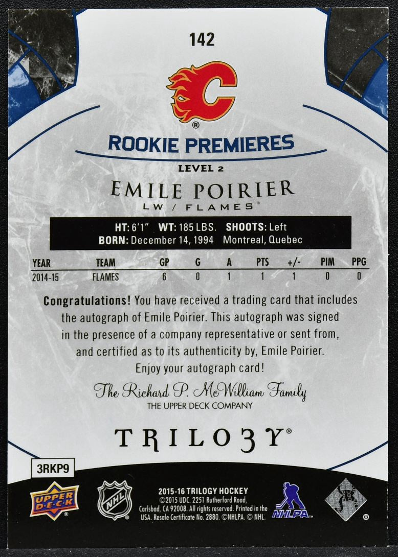 2015-16 UD Trilogy Rookie Premieres Rainbow Foil Blue Emile Poirier RC Auto 0541
