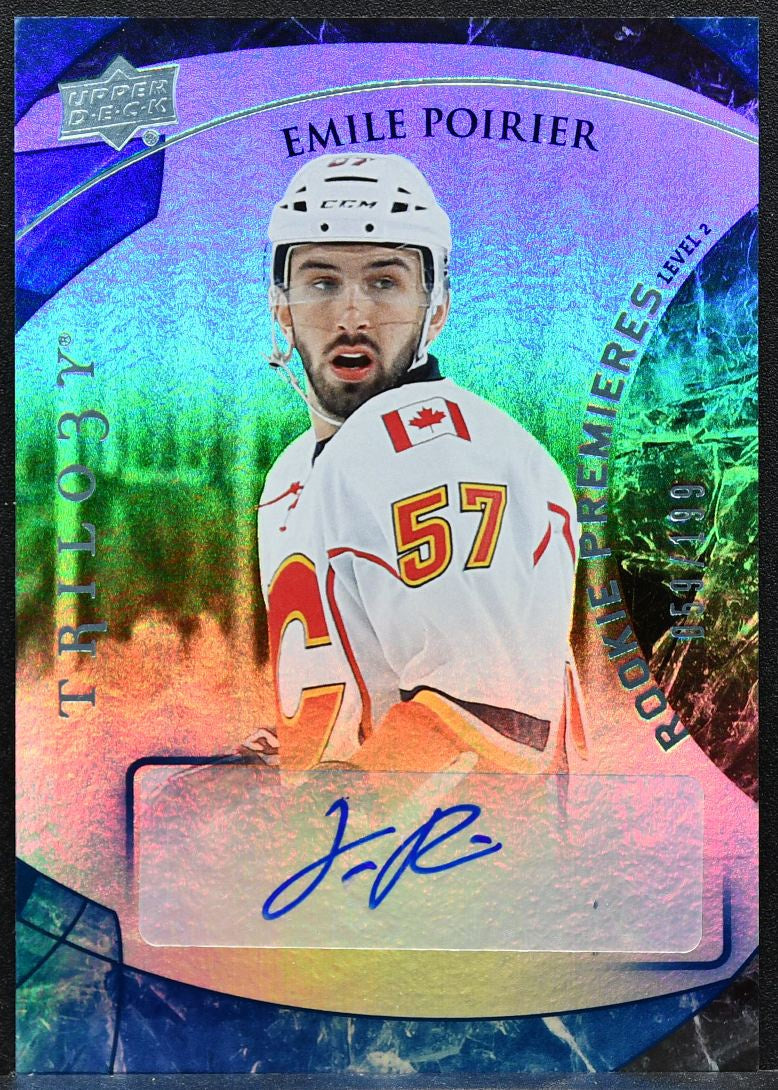 2015-16 UD Trilogy Rookie Premieres Rainbow Foil Blue Emile Poirier RC Auto 0541