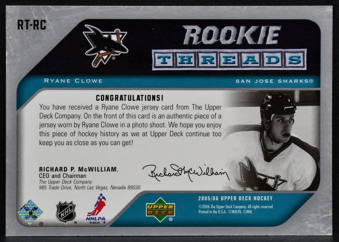 2005-06 Upper Deck Rookie Threads Ryane Crowe RT-RC Sharks RC Jersey 3244