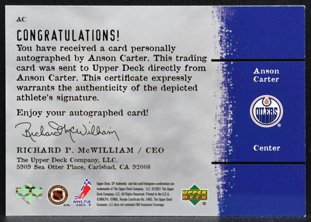 2000-01 SP Authentic Sign of the Times Anson Carter AC Edmonton Oilers Auto 5736