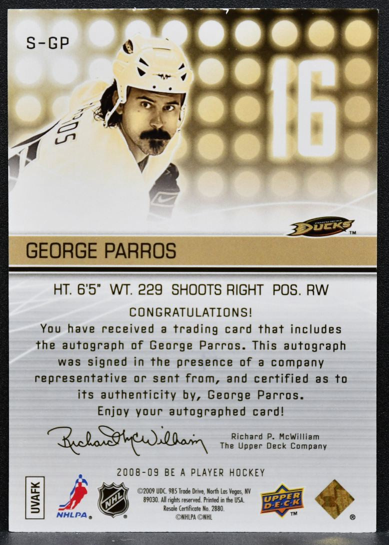 2008-09 Be A Player Signatures George Parros S-GP Anaheim Ducks Auto 7354