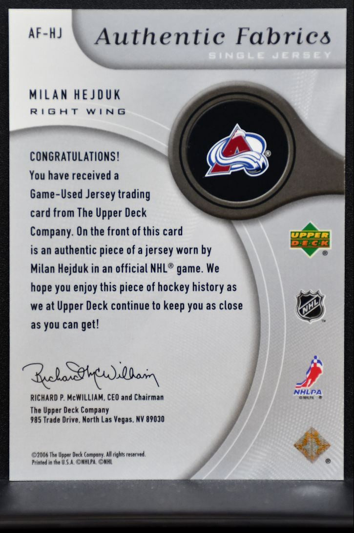 2005-06 SP Game Used Authentic Fabrics Milan Hejduk AF-HJ Avalanche Jersey 7023