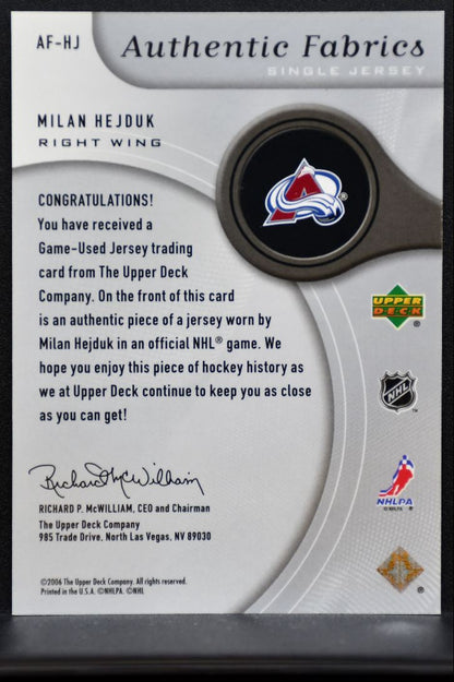 2005-06 SP Game Used Authentic Fabrics Milan Hejduk AF-HJ Avalanche Jersey 7023