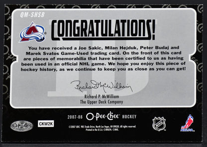 2007-08 OPC Quad Jerseys Sakic/Hejduk/Svatos/Budaj QM-SHSB Jersey