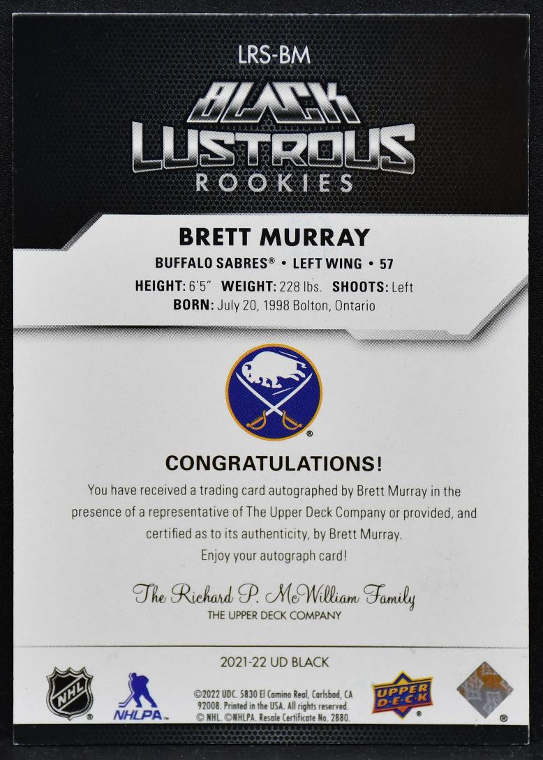 2021-22 SPx UD Black Lustrous RC Brett Murray LRS-BM Sabres RC Auto 155/299 5002