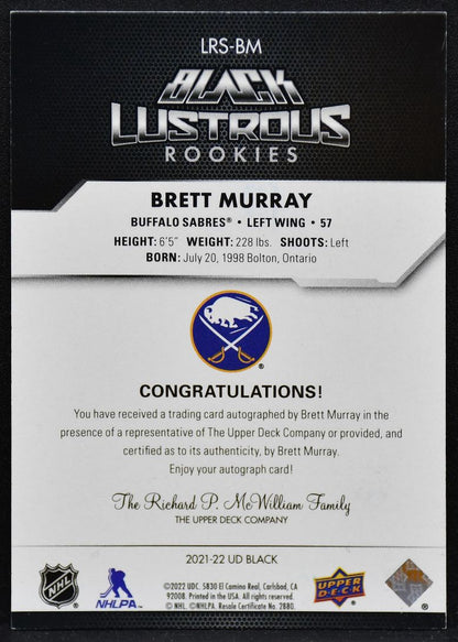 2021-22 SPx UD Black Lustrous RC Brett Murray LRS-BM Sabres RC Auto 155/299 5002
