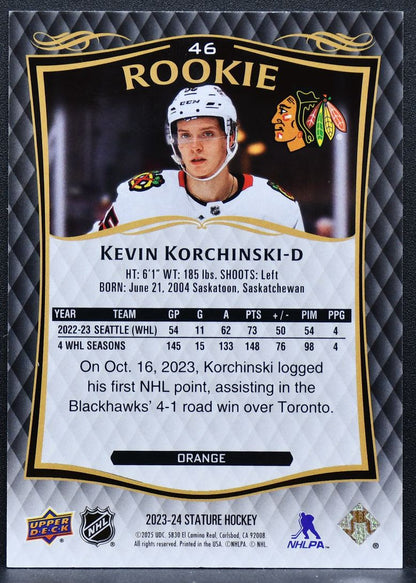2023-24 UD Stature RC Orange Kevin Korchinski 46 Chicago Blackhawks RC 126/199 9257