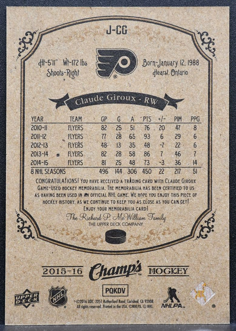 2015-16 Upper Deck Champ's Jerseys Claude Giroux Philadelphia Flyers Jersey 4942
