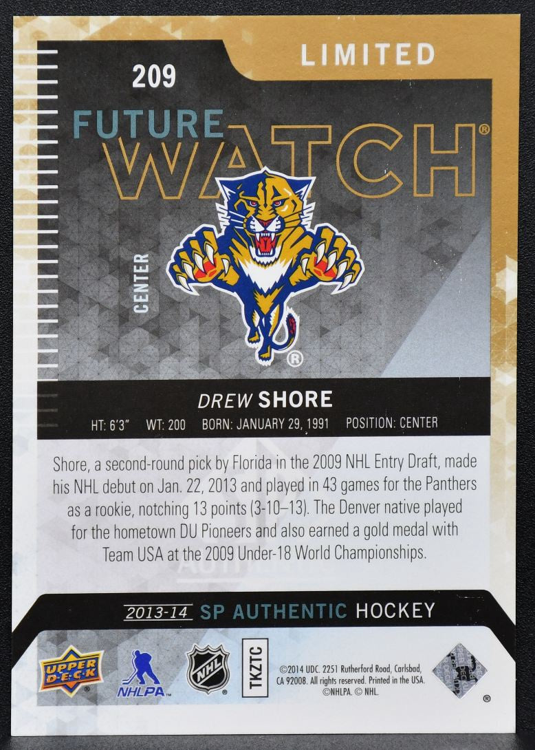 2013-14 SP Authentic Future Watch Limited Drew Shore 209 Panthers RC 21/25 5272