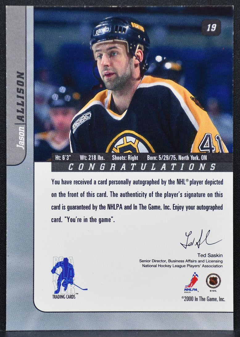 2000-01 In The Game Signature Series Jason Allison 19 Boston Bruins Auto 2391