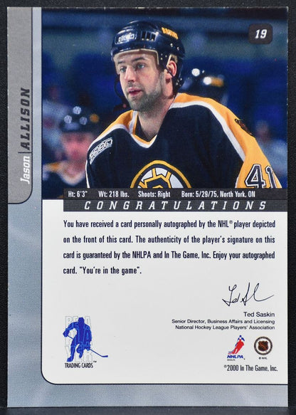 2000-01 In The Game Signature Series Jason Allison 19 Boston Bruins Auto 2391