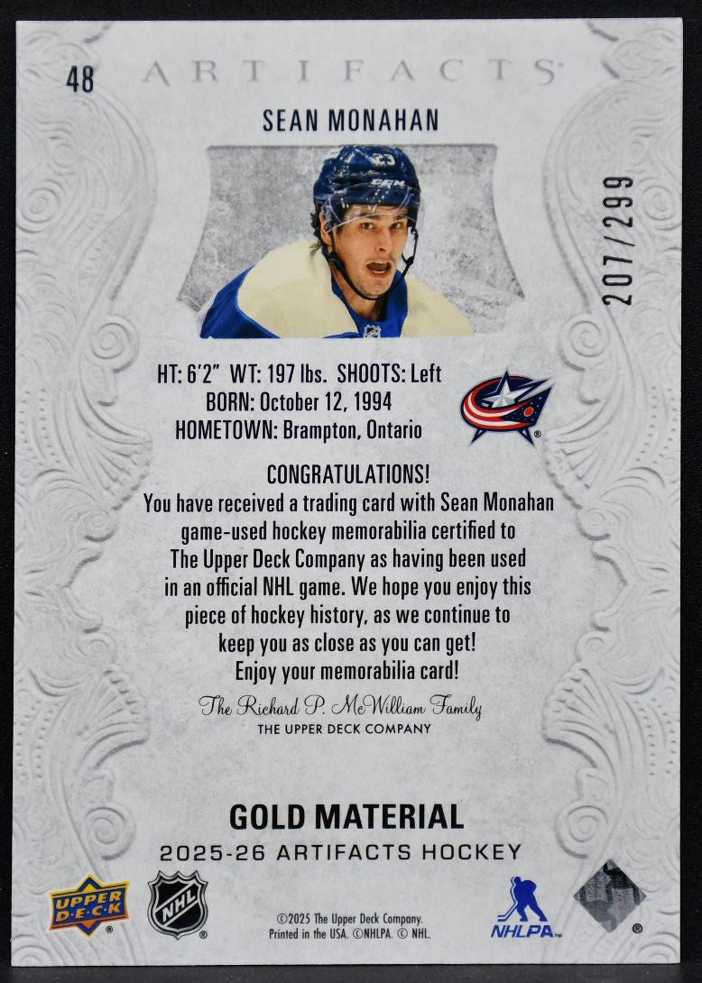 25-26 UD Artifacts Gold Material Sean Monahan Columbus Blue Jackets /299 Jersey 3972