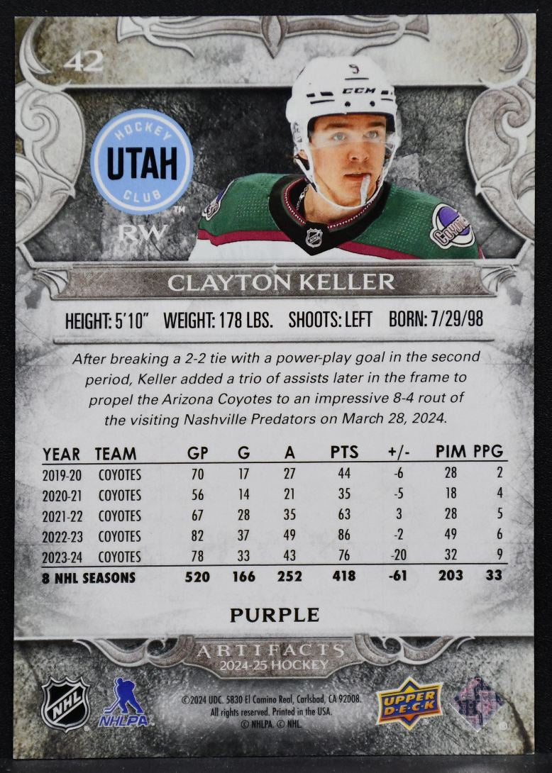 2024-25 UD Artifacts Purple Clayton Keller 42 Utah Hockey Club 25/25