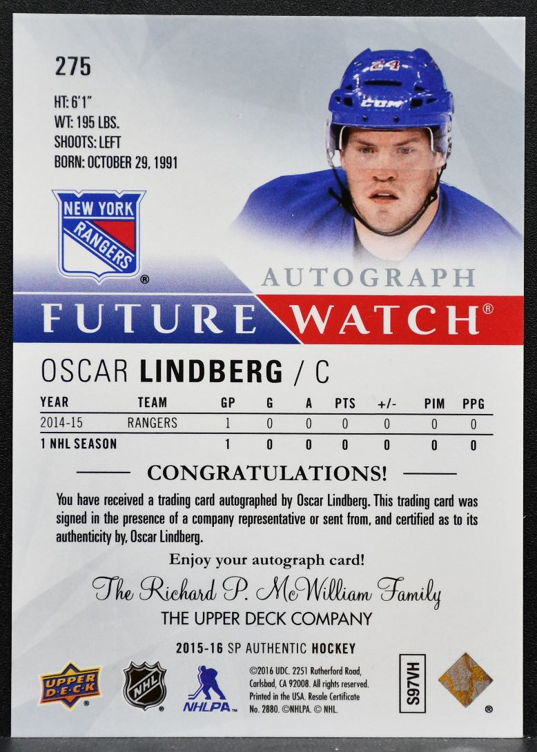 2015-16 SP Authentic Future Watch Auto Oscar Lindberg RC Auto 645/999 1162