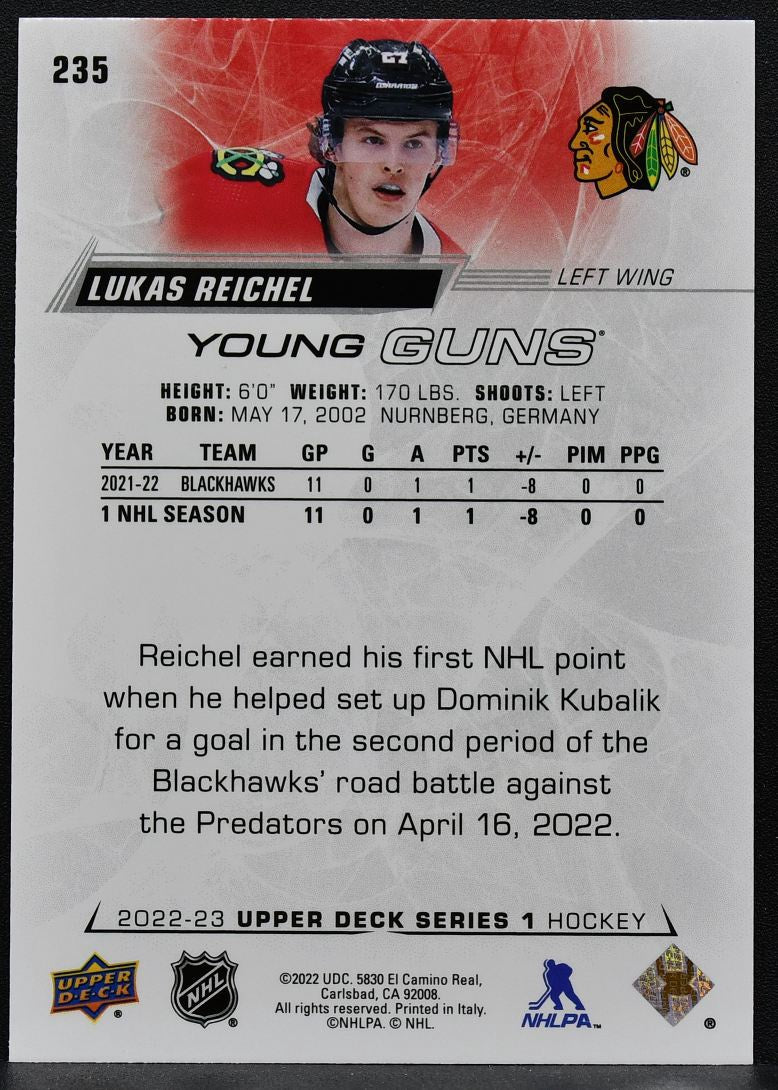 2022-23 Upper Deck Series 1 Young Guns Lukas Reichel 235 Chicago Blackhawks RC 9141