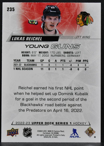 2022-23 Upper Deck Series 1 Young Guns Lukas Reichel 235 Chicago Blackhawks RC 9141