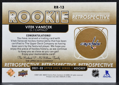 2021-22 UD Series 1 Rookie Retrospective Gold Vitek Vanecek RC Jersey 4584